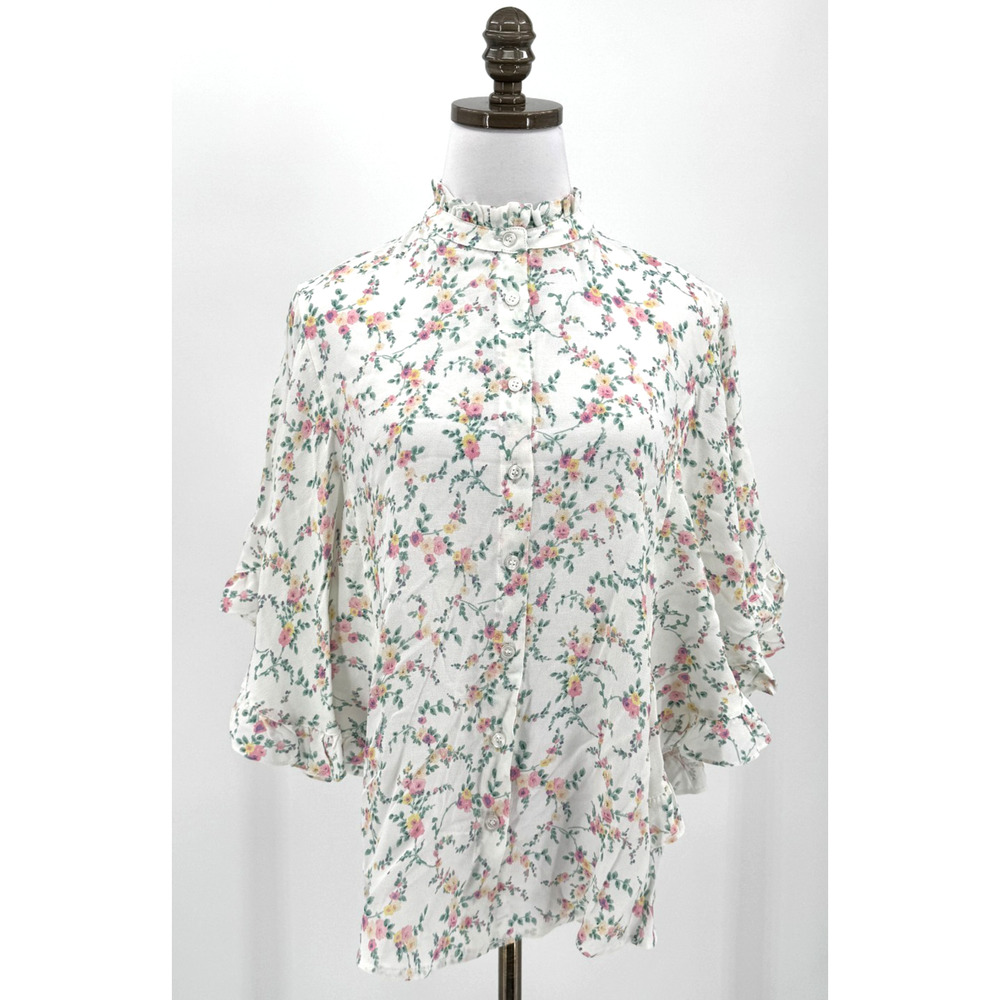 Koton White Floral Boho Short Sleeve Button Front Peasant Top Sz EU 38 US 6 NEW